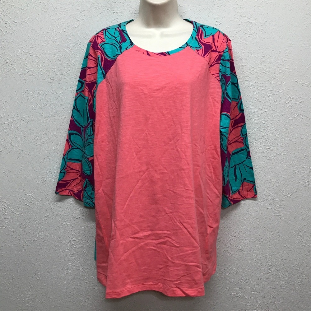 LOGO Lori Goldstein Tunic Top Womens XL Coral Teal Floral 3/4 Sleeve Raglan Slub